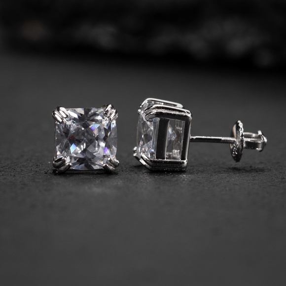 White Gold Plated 925 Sterling Silver Cushion Cut Screw Back Stud Earrin… - Picture 3 of 5